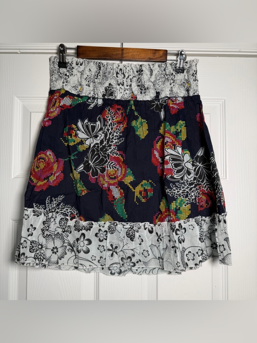 Needle Point Pixel Inspired Smocked Floral Flowy Summer Spring Mini Skirt